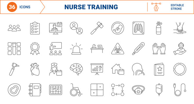 Nurse training calendar line icon set. Vector pictograms of healthcare, medical education, clinical scheduling, and professional development elements, thin linear illustration.