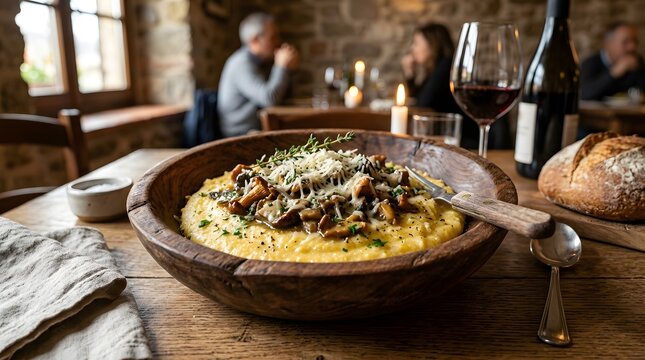 Savory creamy polenta with wild mushrooms in rustic bowl in cozy restaurant setting mushrooms restaurant delicious vegetarian
