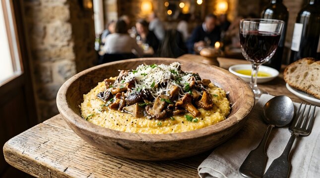 Creamy mushroom polenta served in large wooden bowl at restaurant table with mushrooms restaurant delicious vegetarian culinary
