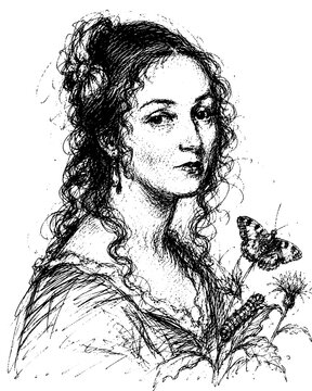 Maria Sibylla Merian pioneering naturalist, entomologist, and scientific illustrator Hand-Drawn Ink Vector Portrait Illustration Isolated on Transparent Background