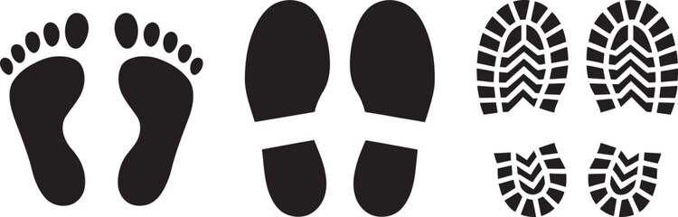 Shoe and bare foot print set featuring shoe sole and human footprint vector icons for navigation, hiking trails, directional signage, pedestrian guidance, fitness tracking, outdoor recreation,  ©   