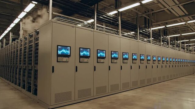 Wide Shot of a Dedicated Uninterruptible Power Supply Room with Rows of Backup Equipment and Monitors
