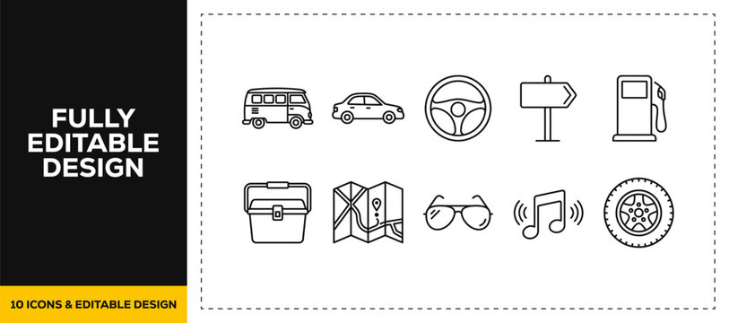 flat vector illustration line art icon bundle set design showcasing road trip travel driving navigation gas stations and highway transportation graphics for UI UX apps