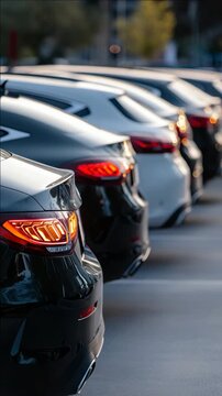 Row of vehicles with lights on, viewed from rear