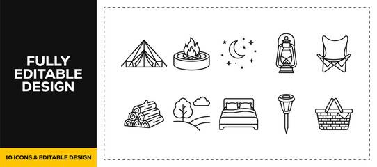 flat vector illustration line art icon bundle set design focusing on camping outdoor adventure tent accommodation campfire and night nature graphics for digital web UI © HASNA