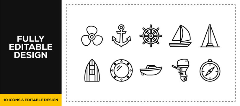 flat vector illustration line art icon bundle set design highlighting nautical elements maritime navigation ship anchors and steering wheels graphics for digital web UI
