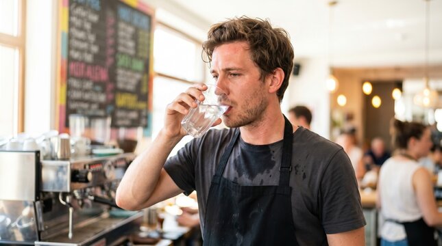 Sweaty male barista drinking a glass of water in a hot cafe. Exhausted coffee shop worker suffering from extreme heat