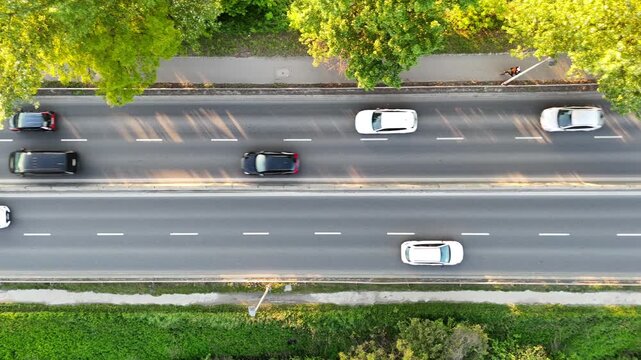 Aerial view of vehicles traveling along a tree-lined road, showcasing the continuous flow of traffic amidst lush greenery and urban elements in a suburban setting. Cars riding at rural route
