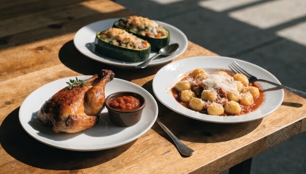 Three plates of food on a wooden table