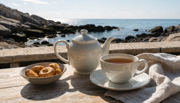 Tea cup and donuts on table with sea view