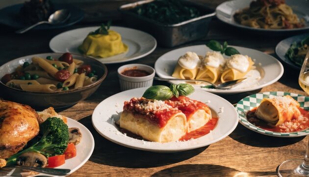 Variety of food on plates on a wooden table