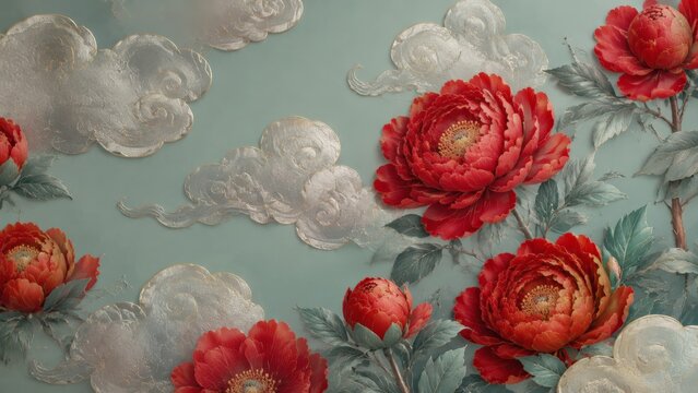 Deep red Paeonia blossoms and stylized metallic silver clouds painted against a soft, pale green surface
