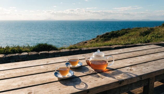 Tea on a wooden table overlooking ocean