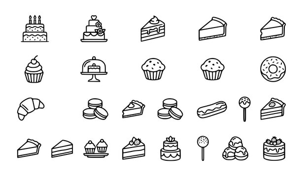 Cake Dessert and Bakery Icon Collection with Outline Vector Elements for Sweet Food Design
