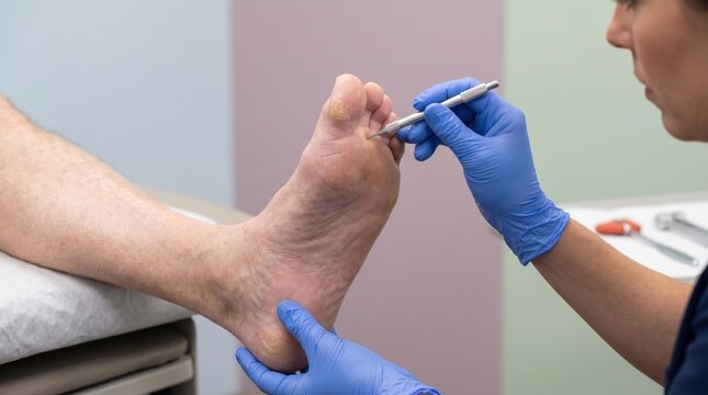 Close up of doctor hands in gloves performing diabetic neuropathy monofilament test on patient foot. Medical professional checking nerve sensation on sole