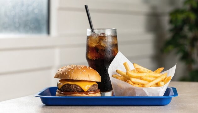 Blue tray with burger, fries and cola