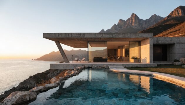 Modern house with pool on cliffside by mountains