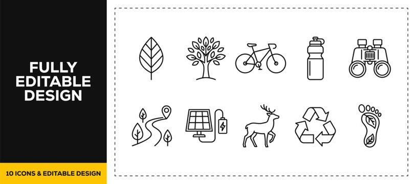 flat vector illustration line art icon bundle set design representing eco friendly nature environment bicycles wildlife deer and green recycling graphics for web apps