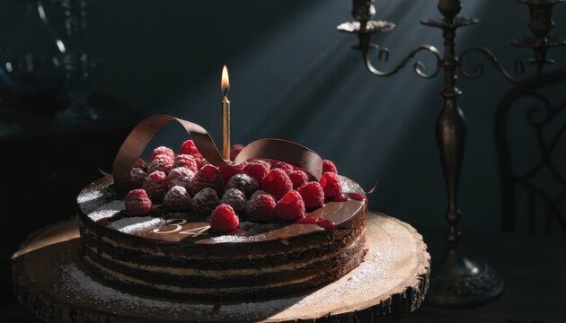 Birthday cake with raspberries and candle