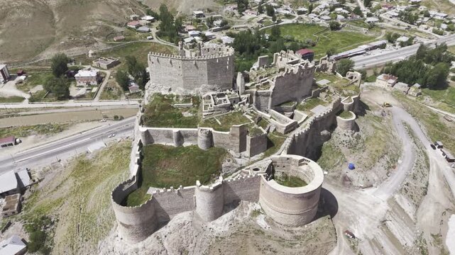 Cinematic Drone Footage of Hoshap Castle, Historic Fortress in Van Turkey Mountain Landscape