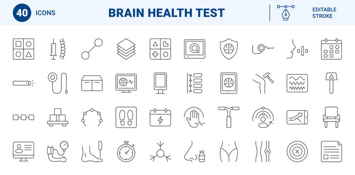 Neurology clinic line icon set. Vector pictograms of brain health, medical diagnostics, neurological examination, and patient care elements, thin linear illustration.