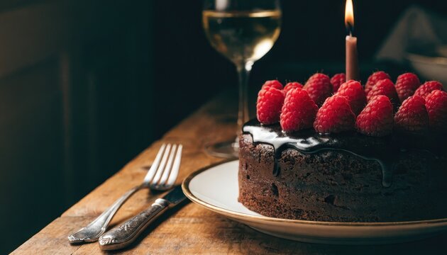 Chocolate cake with strawberries and candles on a plate