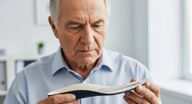Senior Caucasian Man Carefully Examining an Orthopedic Shoe Insole for Foot Support and Comfort in a Bright Medical Clinic or Pharmacy Setting