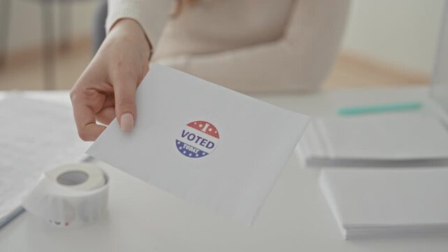 Woman hand holding envelope with voted sticker, offering the ballot across table at polling building; civic pride.