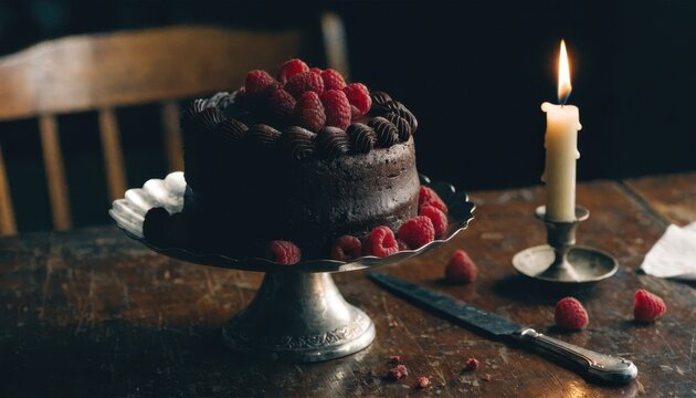 Chocolate cake with raspberries and candle on table