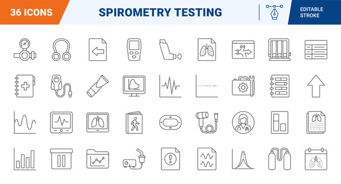 Lung function test line icon set. Vector pictograms of spirometry, respiratory diagnostics, pulmonary health, and clinical testing elements, thin linear illustration.