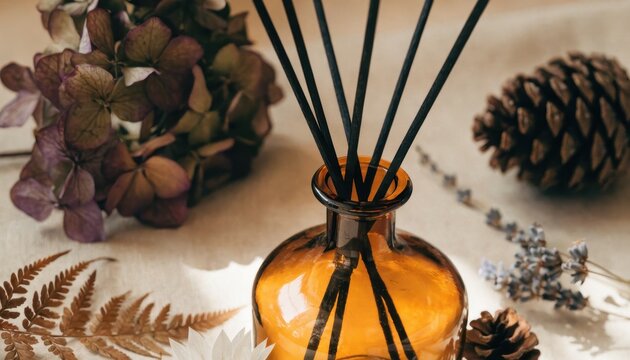 Reed diffuser with sticks and autumn leaves