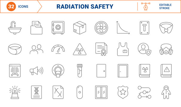 Radiation safety training line icon set. Vector pictograms of compliance, protection, equipment, and monitoring elements, thin linear illustration.