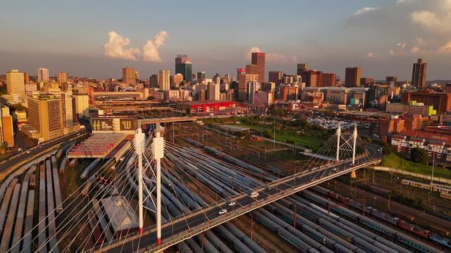 Iconic Mandela bridge in Johannesburg South Africa with the backdrop of the city