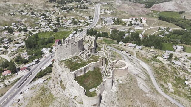 Cinematic Drone Footage of Hoshap Castle, Historic Fortress in Van Turkey Mountain Landscape