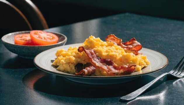 Scrambled eggs with meat and tomatoes on a plate