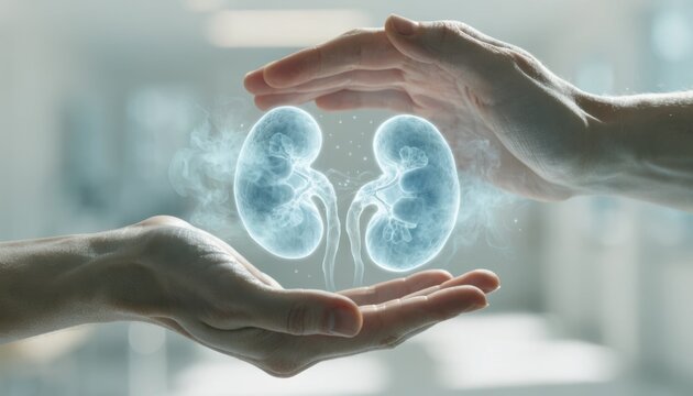Two hands gently encase translucent, glowing digital kidneys, symbolizing kidney health, medical care, and organ protection in a futuristic setting.
