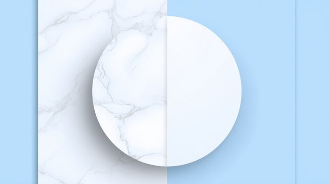Bisected Circle White Marble Texture Matte White Material Contrast Pale Sky Blue Gradient Background Minimalist Geometric Design Decorative Material