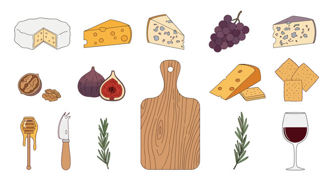 Assorted cheese variety including blue cheese cheddar gouda brie grapes figs walnuts herbs and wine for culinary or cheese tasting concept