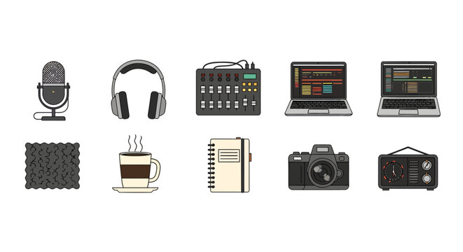 Music recording studio equipment setup with microphones, headphones, mixing console, laptops, camera, cup of coffee, notebook, timer, and soundproof foam for audio production