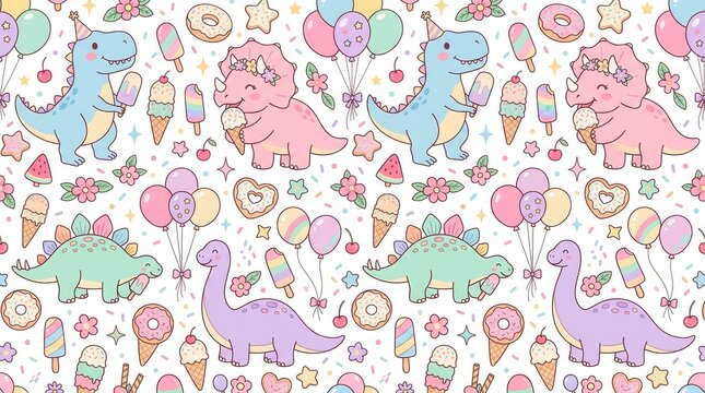 Pastel dinos enjoy ice cream, popsicles, donuts, balloons & sprinkles
