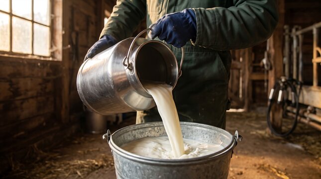 Farmer wearing work gloves pouring fresh milk from steel can into bucket in rustic dairy barn
