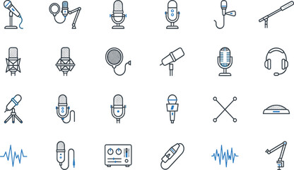 Professional Microphone and Audio Recording Line Icon Set Featuring Studio Mics Broadcasting Equipment Headphones Sound Waves Podcast and Music Production Design Elements © Asma Studio