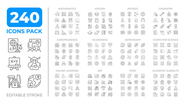 Academic subjects line icons set collection. Education material learning. Different classes for students mega pack of linear pictograms. Isolated vector illustrations. Editable stroke