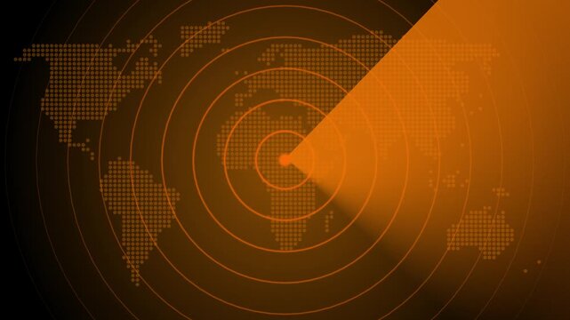 Futuristic Orange Radar Screen Scan Tracking Over Dotted Digital World Map HUD Background Loop