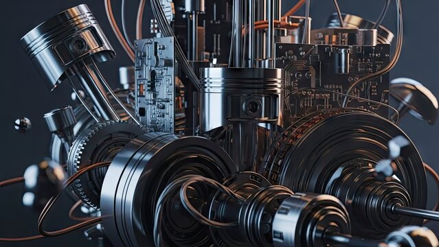 Complex internal combustion engine parts with pistons and gears.