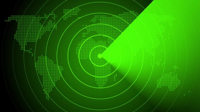 Futuristic Green Radar Screen Scan Tracking Over Dotted Digital World Map HUD Background Loop