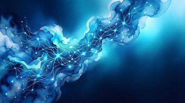 Vibrant blue watercolor waves form a mesmerizing data lake scene with glowing connections.