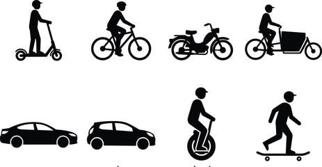 Collection of urban transport and personal mobility vehicle silhouettes including bicycle car electric scooter skateboard isolated on white © Sobuz