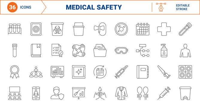 Needlestick prevention training line icon set. Vector pictograms of medical safety, sharps disposal, clinical education, and infection control elements, thin linear illustration.