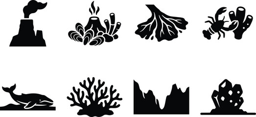 Deep sea ecosystem and seabed silhouette set featuring hydrothermal vents whale fall coral and ocean trench isolated on white background © Sobuz